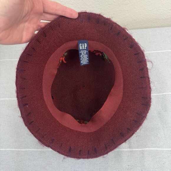 Vintage 90s Y2K Gap Wool Blend Floral Embroidered Boho Bucket Hat Maroon S/M - Picture 7 of 8